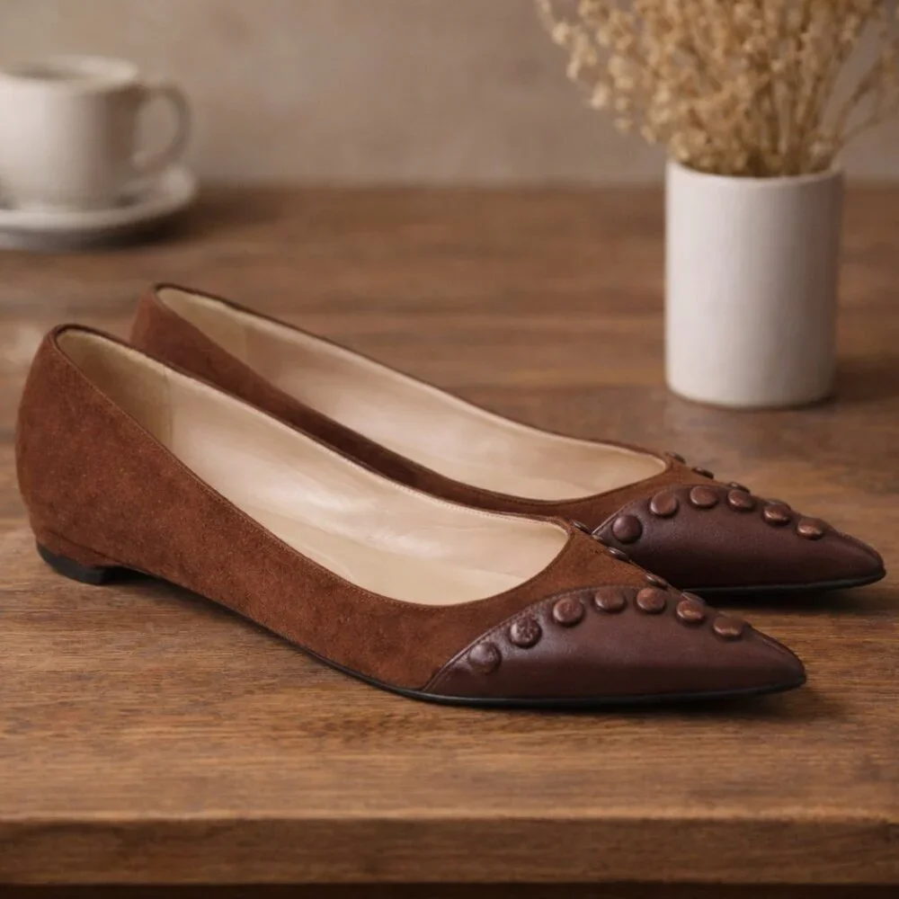 Christian Louboutin Brown Suede Leather Overlay Pointed-Toe Flats Button Detail